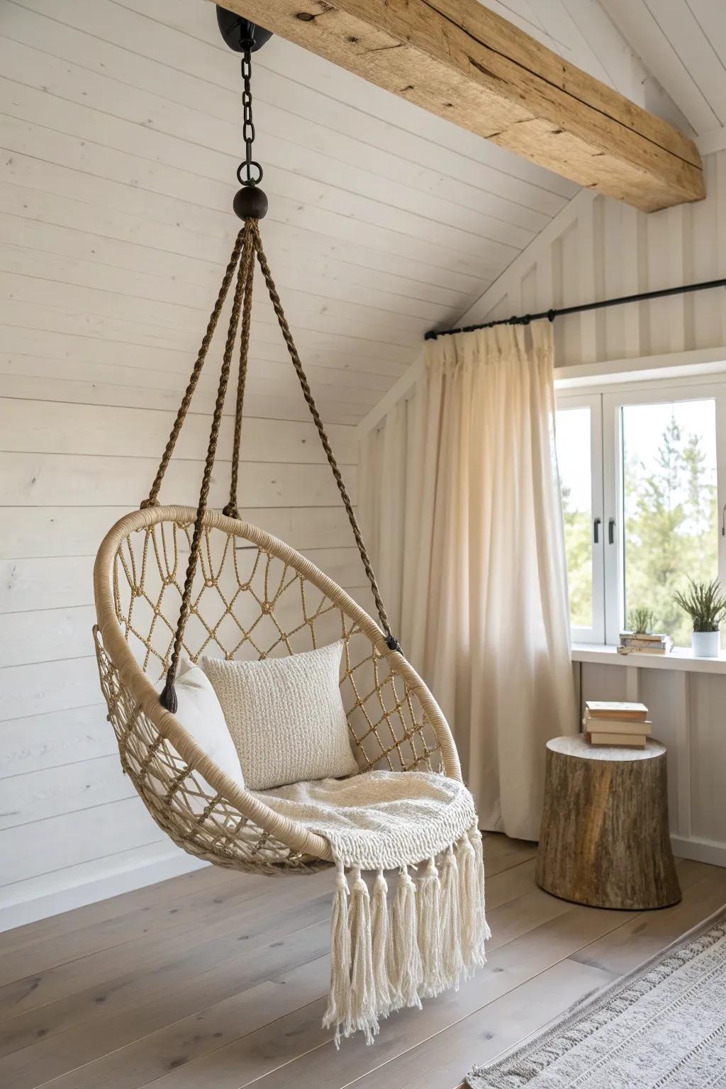 Small rustic sunroom, big wow—one airy swing chair turns a corner into a dreamy retreat.