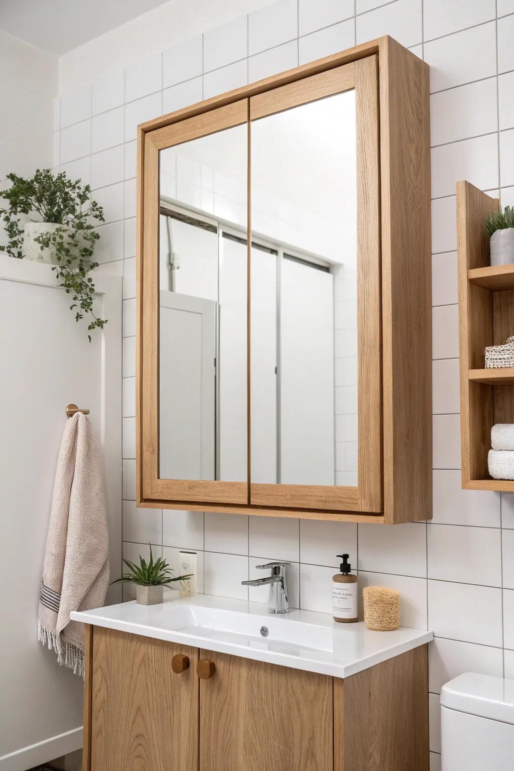 Mirror-front cabinet wall: doubles the light and hides everyday clutter in a tiny Scandi bathroom.