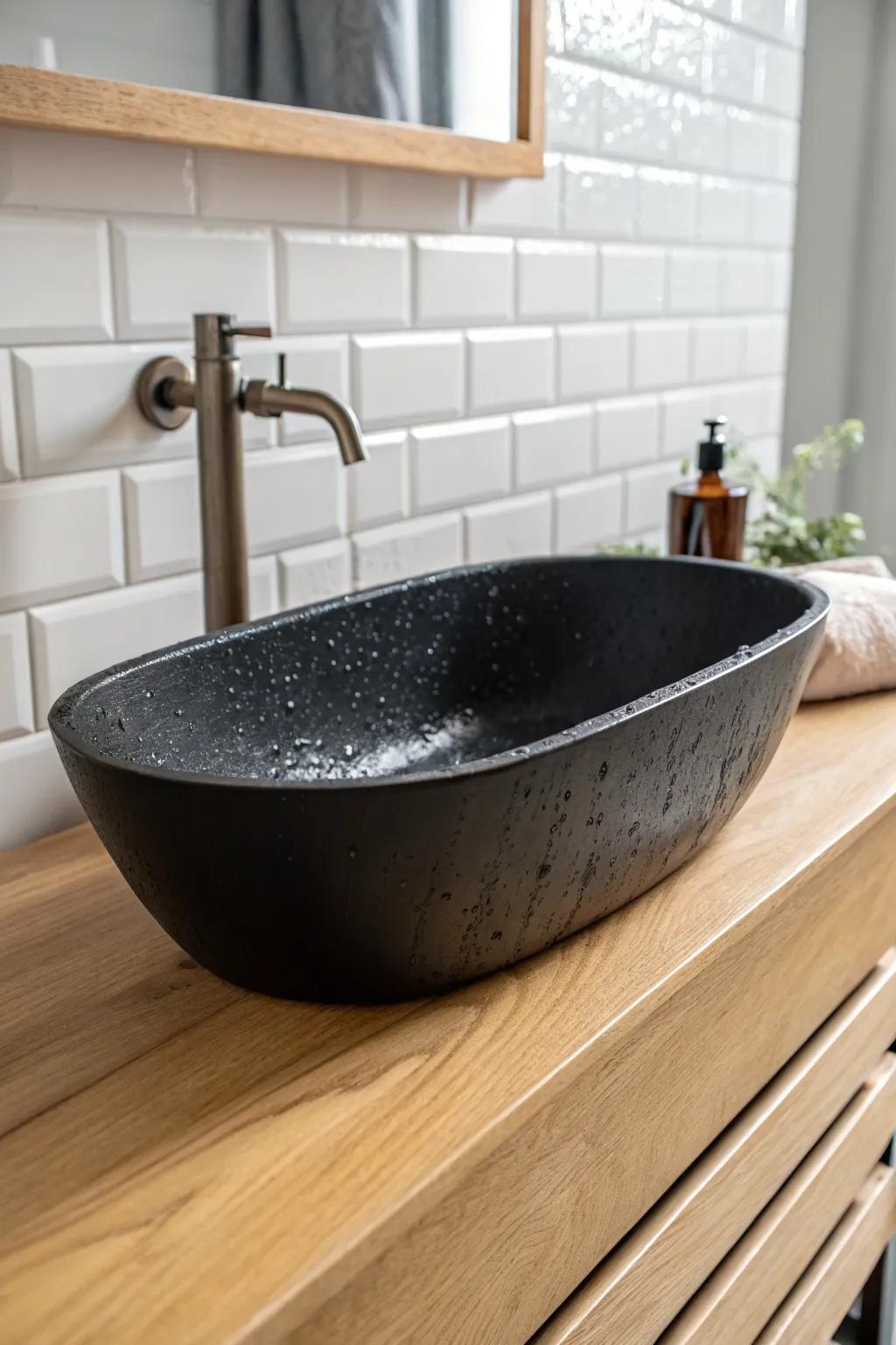 Mini dirty-zone win: a soak tub + wipe-clean splash wall that keeps the main kitchen serene.