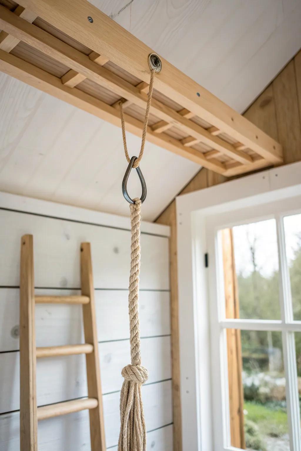 Use ceiling-joist hooks to store ladders overhead and keep tiny sheds calm and clutter-free.