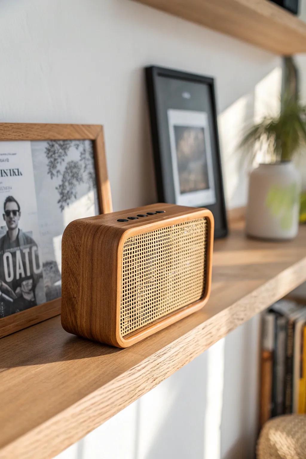 Turn one shelf into a tiny soundtrack spot with a handcrafted speaker and soft, clean styling.