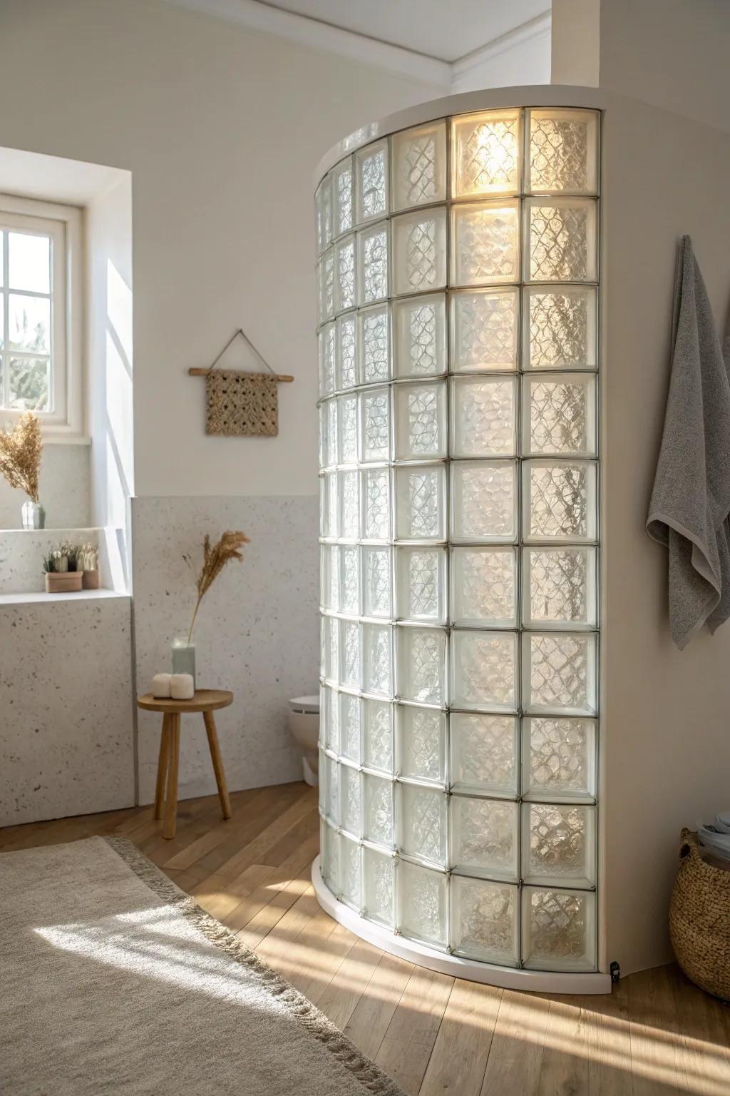 A glass block shower wall adds privacy while filling a tiny bathroom with soft, glowing light.