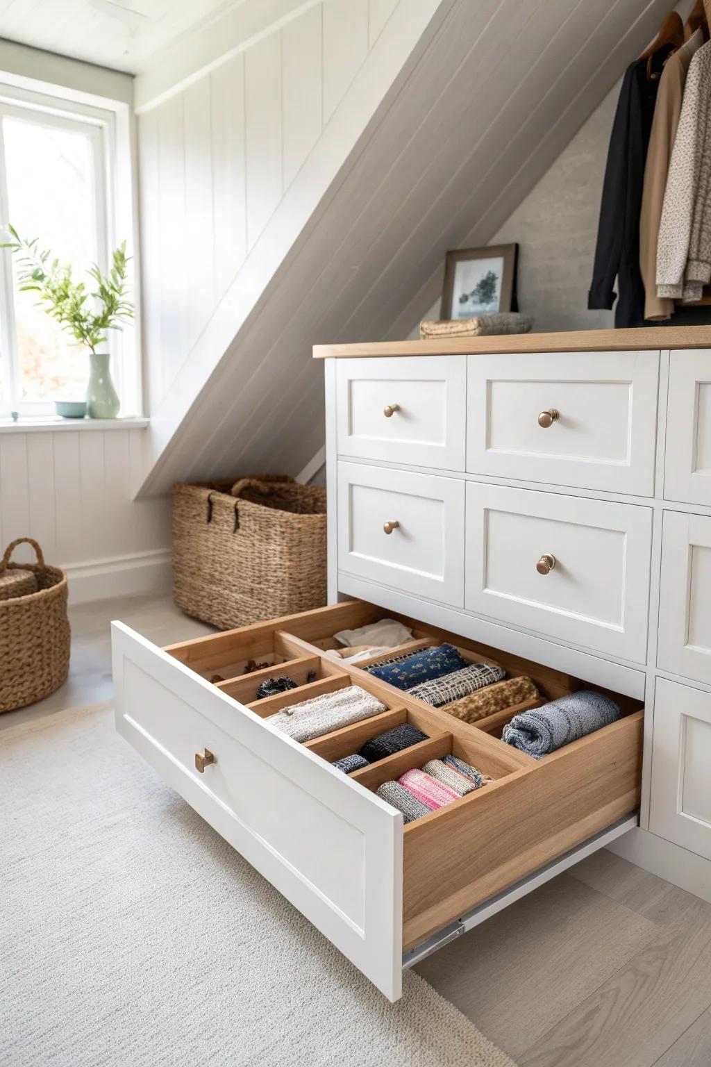 Hidden toe-kick drawer under the slope: secret storage for scarves, belts, and backups.