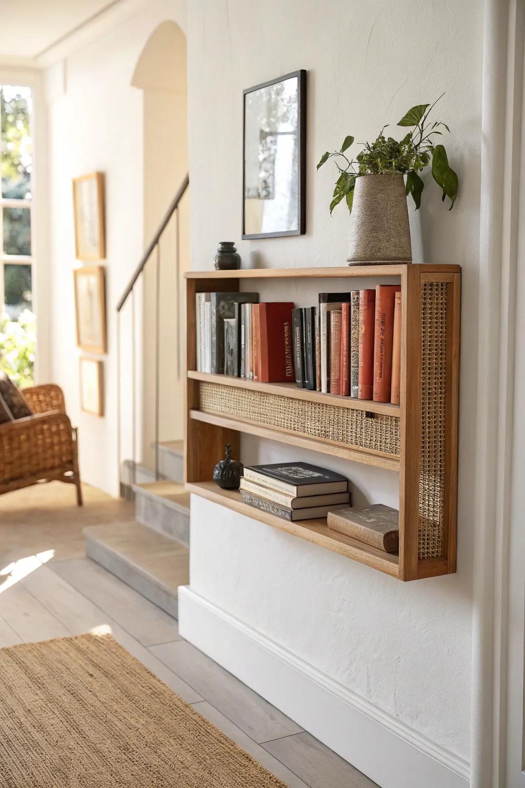 Turn dead hallway space into a chic micro library with an ultra‑slim floating shelf.
