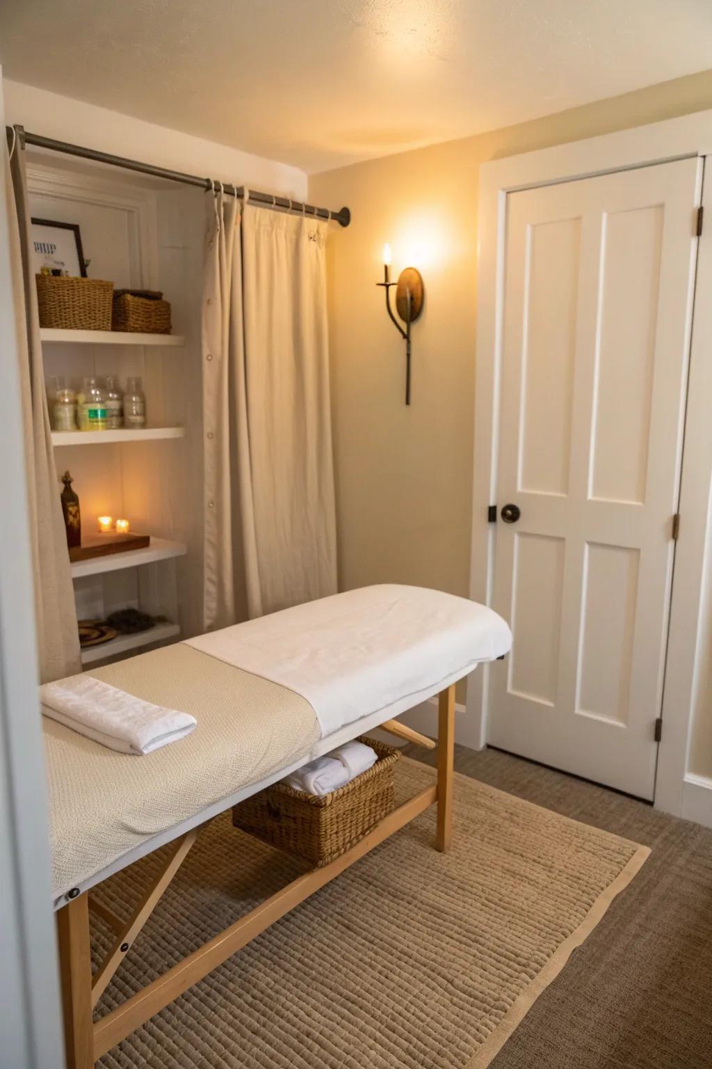 Turn a deep closet into a serene micro massage room with warm light and a slim table.
