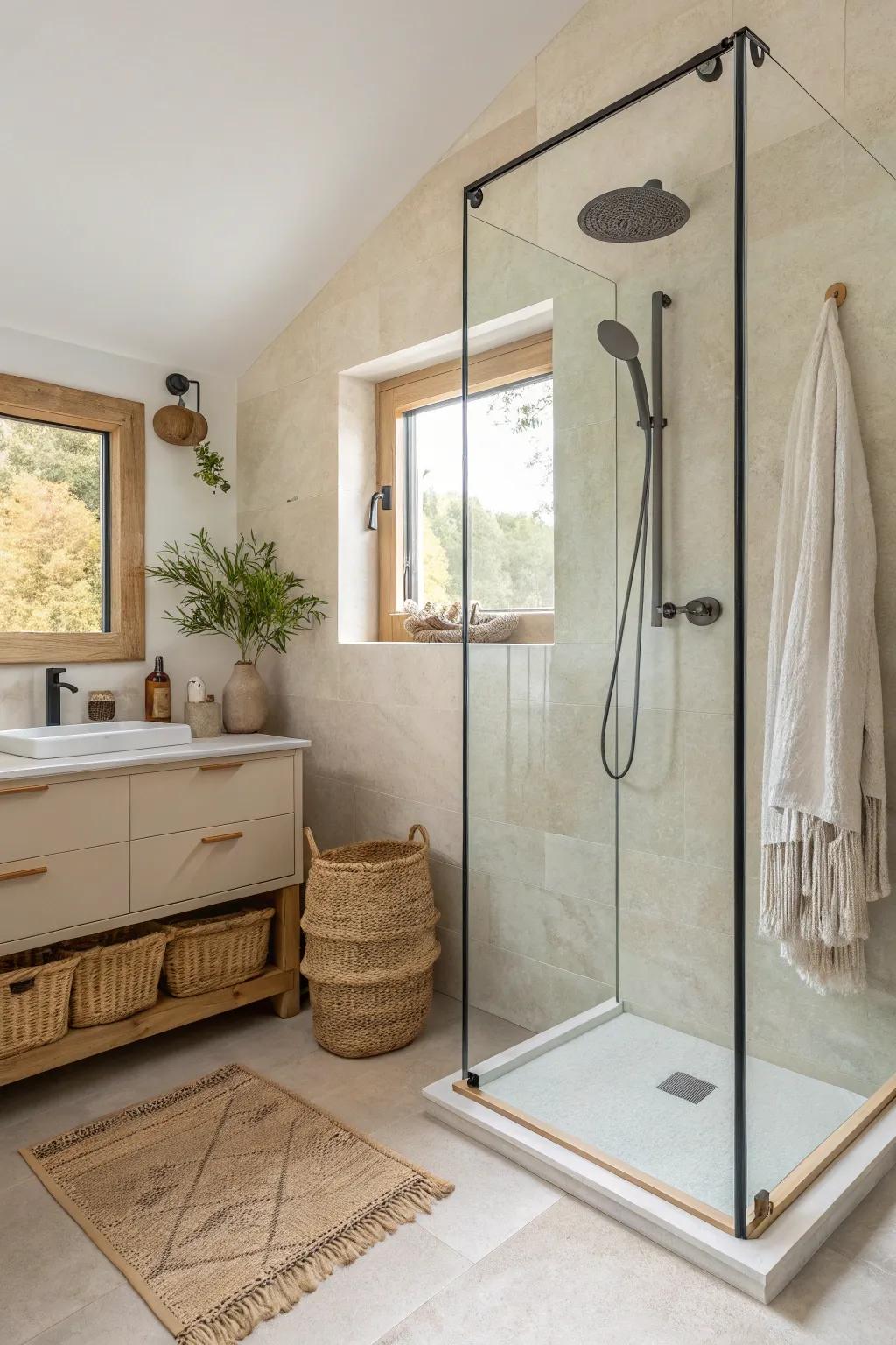 Tiny wet-room magic: a seamless glass screen that makes a small bath feel open and luxe.