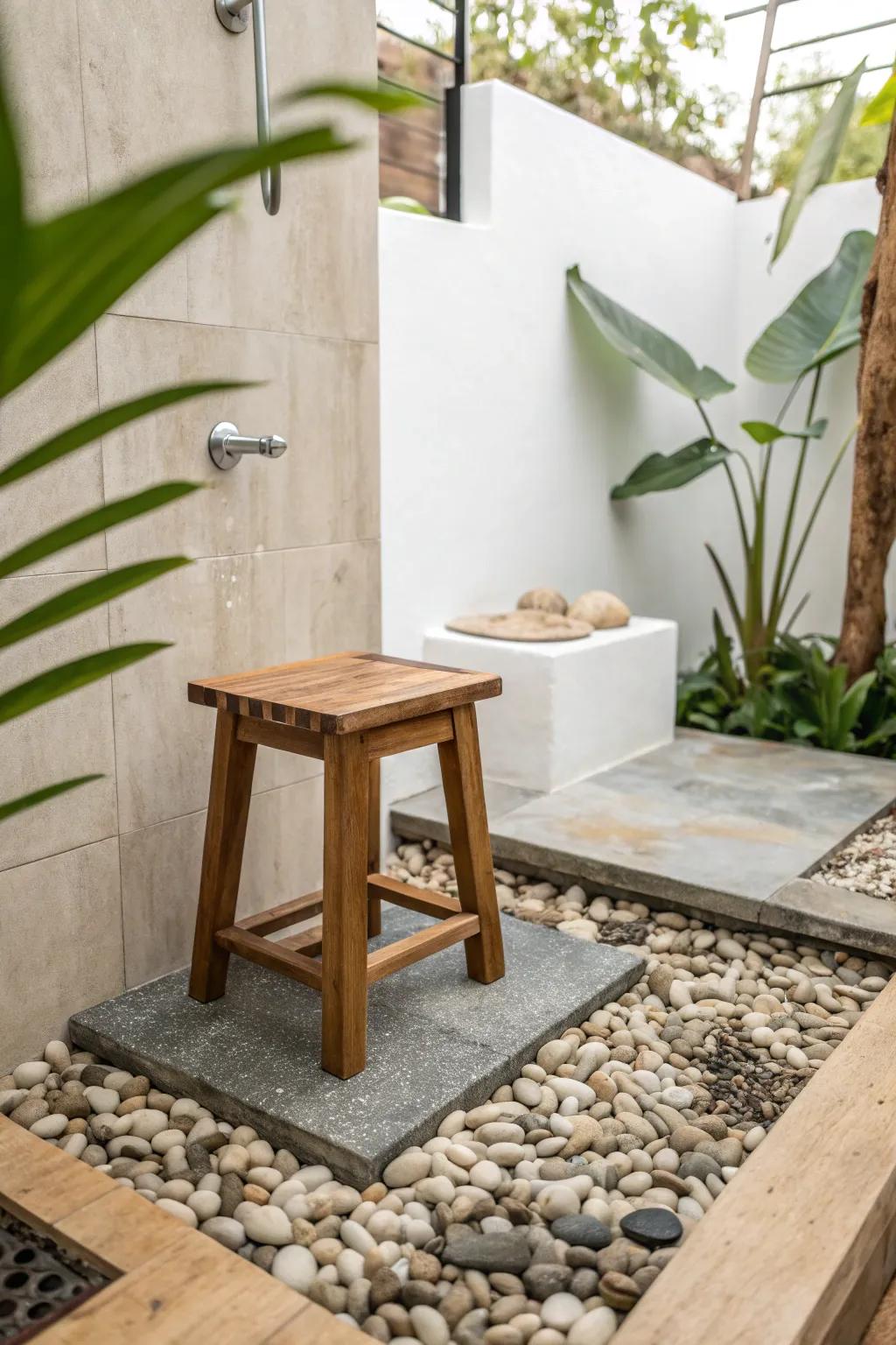 A faux outdoor-shower pebble zone adds resort vibes—perfect for tiny tropical bathrooms.