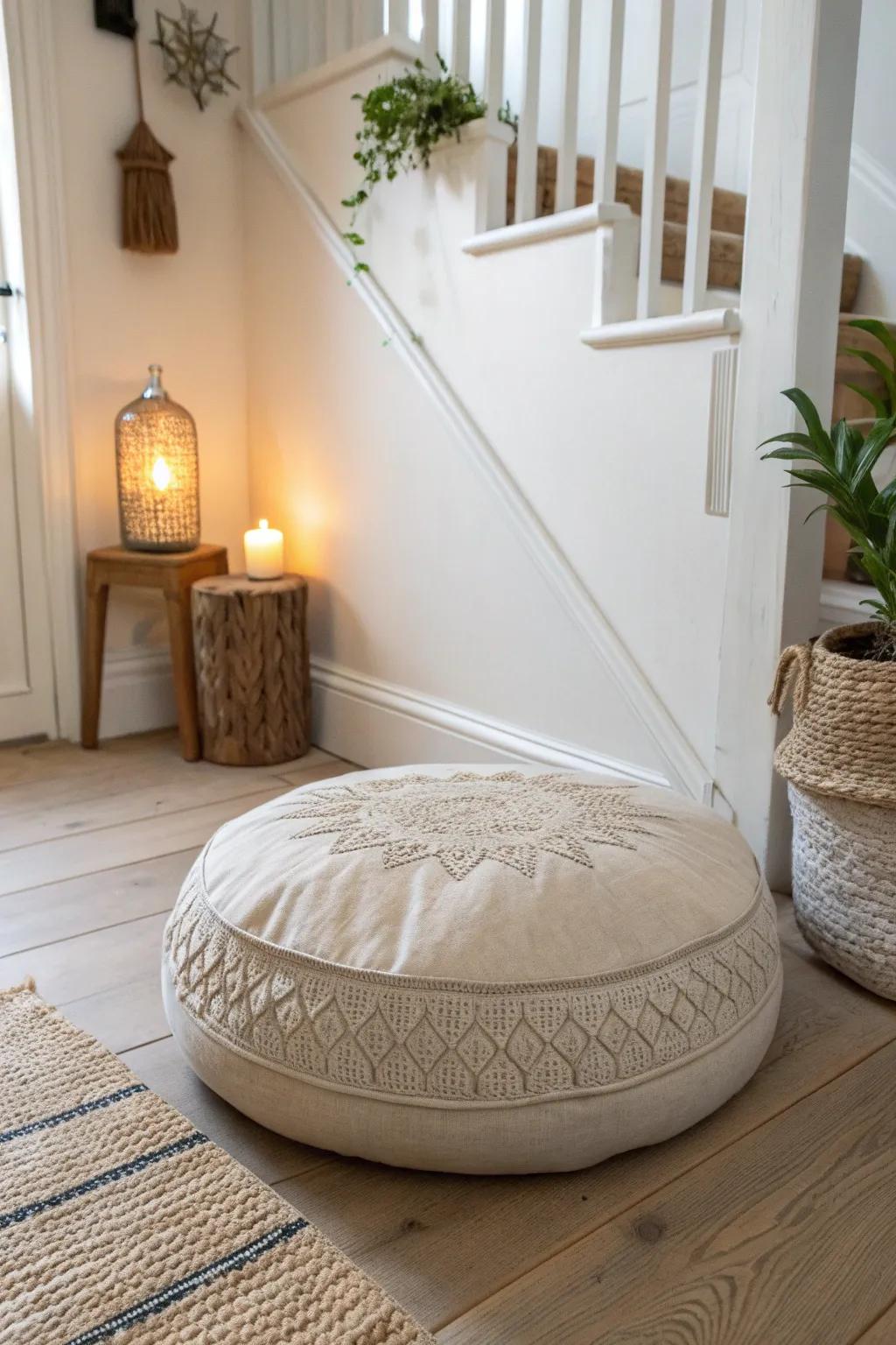 A calming upstairs landing reset zone—one beautiful floor cushion and warm sconce glow.