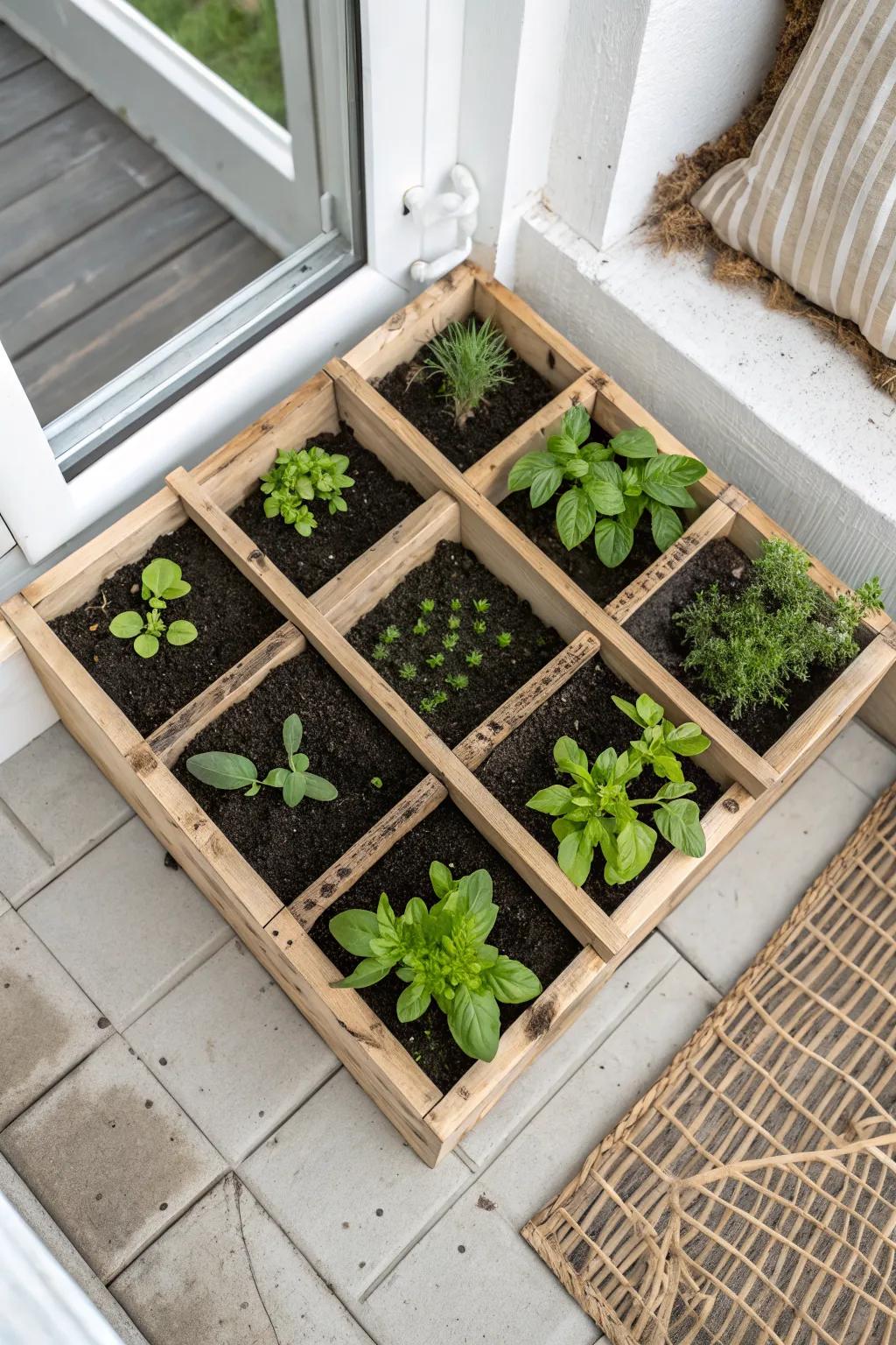 Milk-crate micro beds in a tidy grid—swap sections as you harvest for a flexible mini garden.