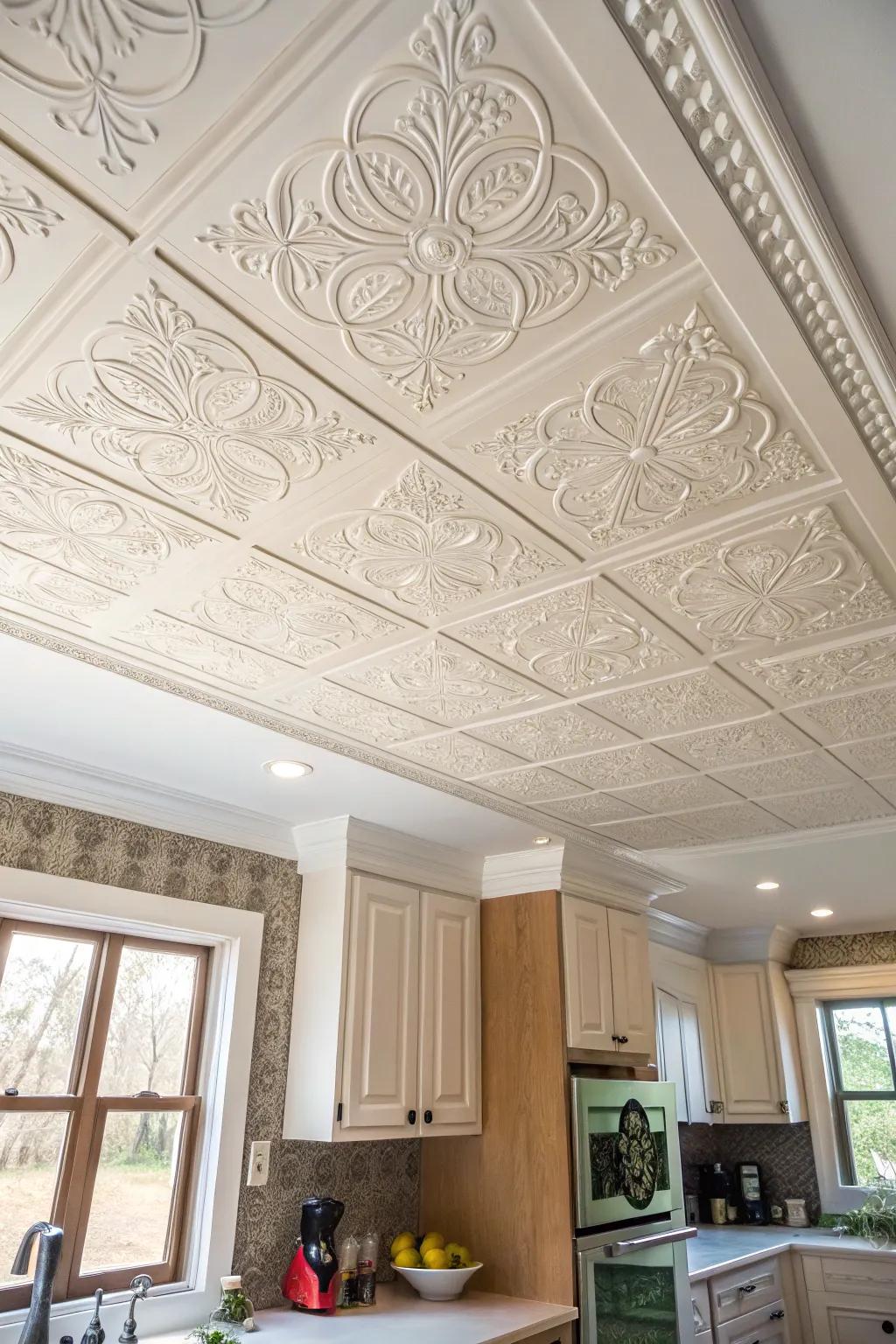 Budget tin-ceiling illusion: a painted stencil pattern adds instant Victorian drama overhead.