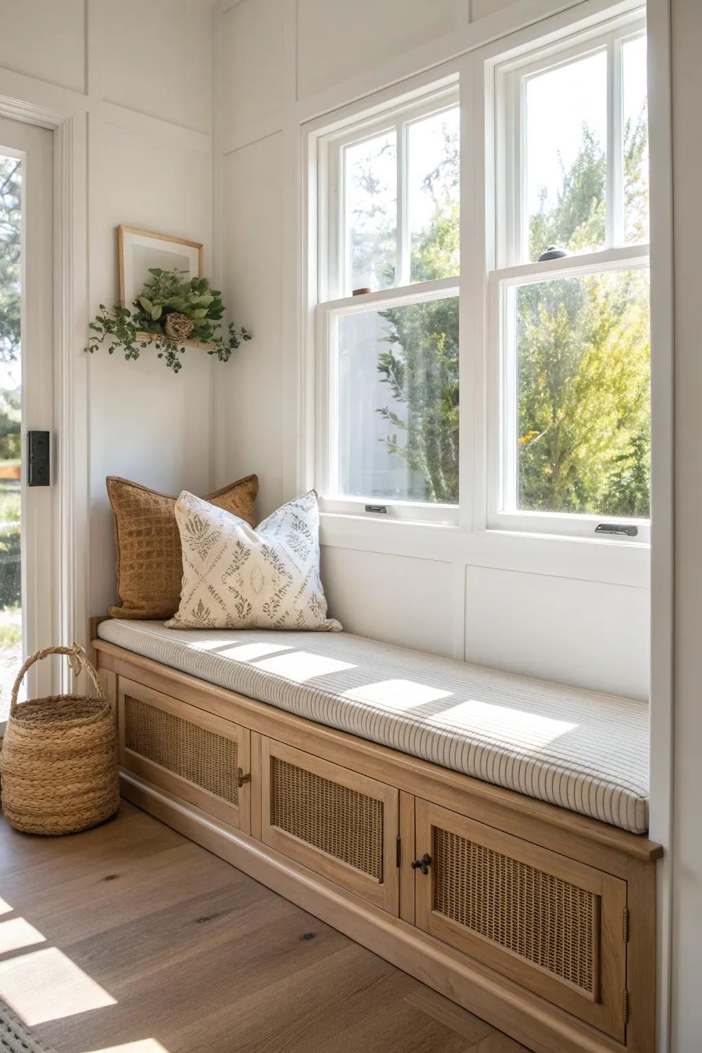 Turn a tiny window into a cozy zone with a slim handcrafted bench and soft layers.