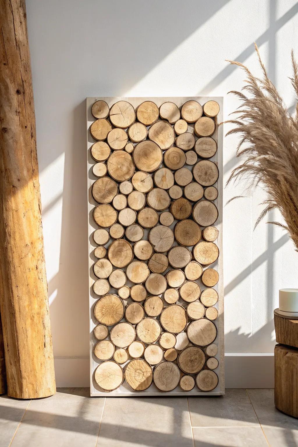 Handcrafted wood slice wall panel—warm, tactile texture that adds instant depth to small spaces.