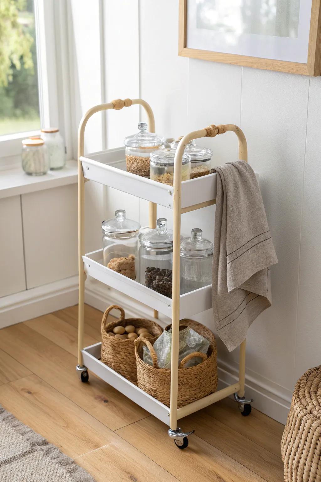 Roll out a slim snack cart—wheel treats to your spot, then tuck it neatly away.