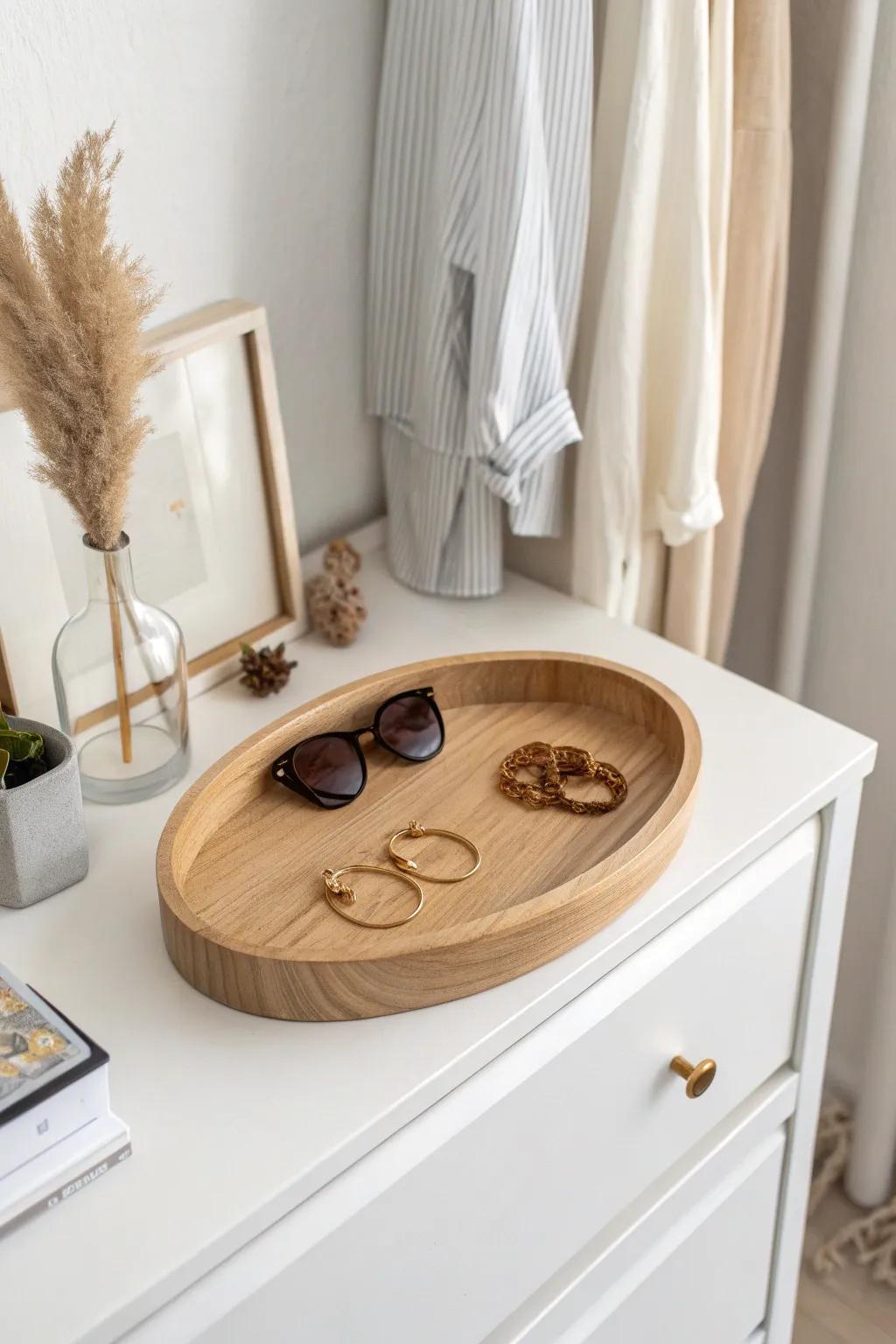 Turn one closet shelf into a chic drop-zone tray for keys, sunnies & everyday jewelry.