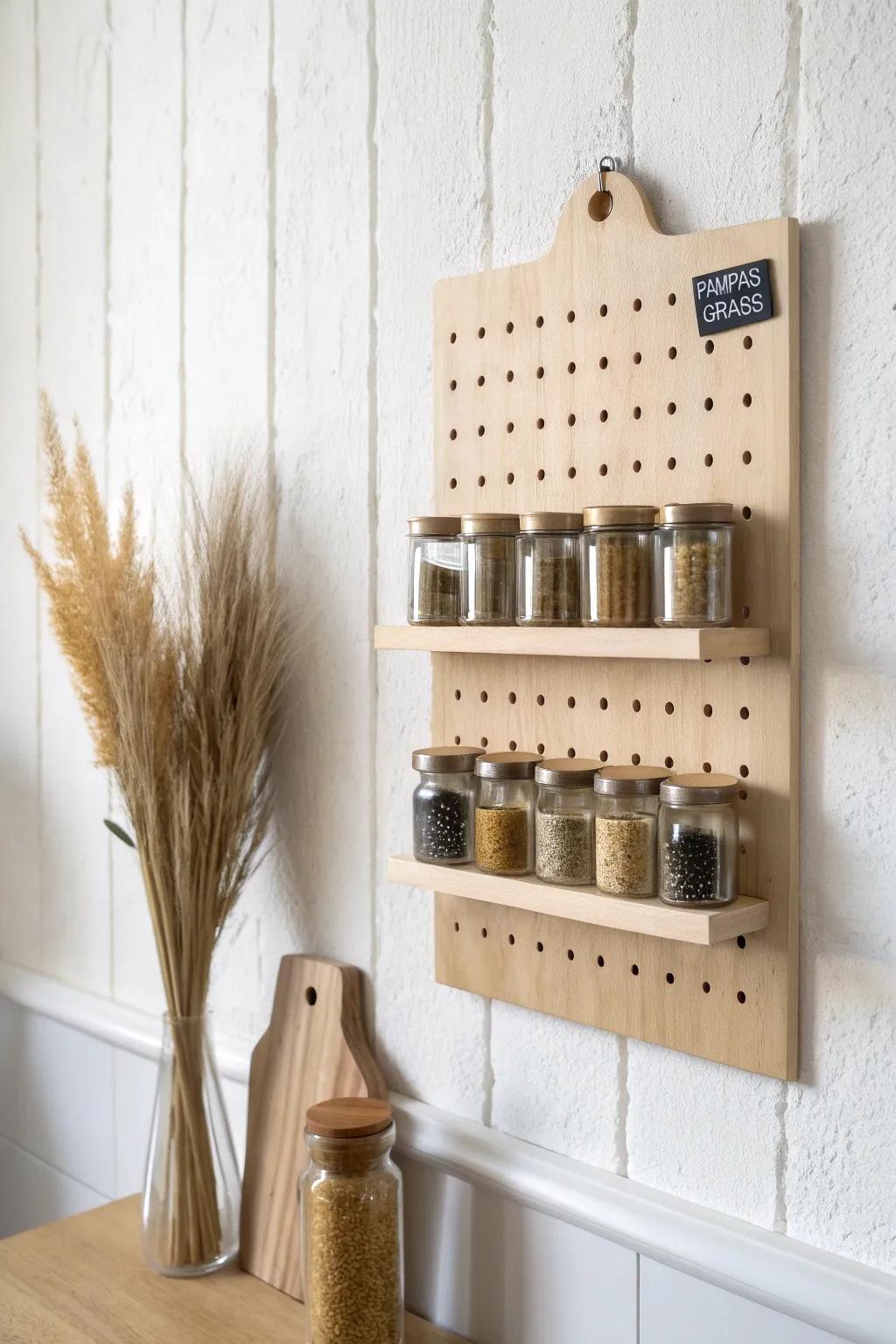 Turn blank wall space into a chic, renter-friendly pegboard spice wall for tiny kitchens.