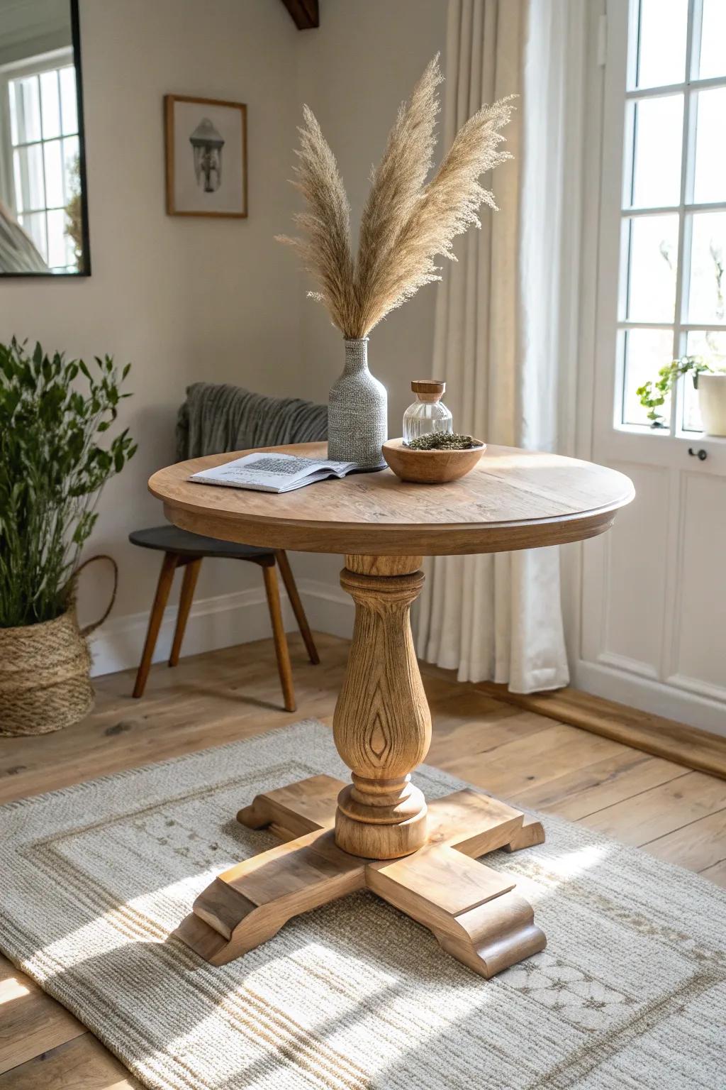 A compact pedestal table that anchors a square room—chairs tuck in, walkways stay open.