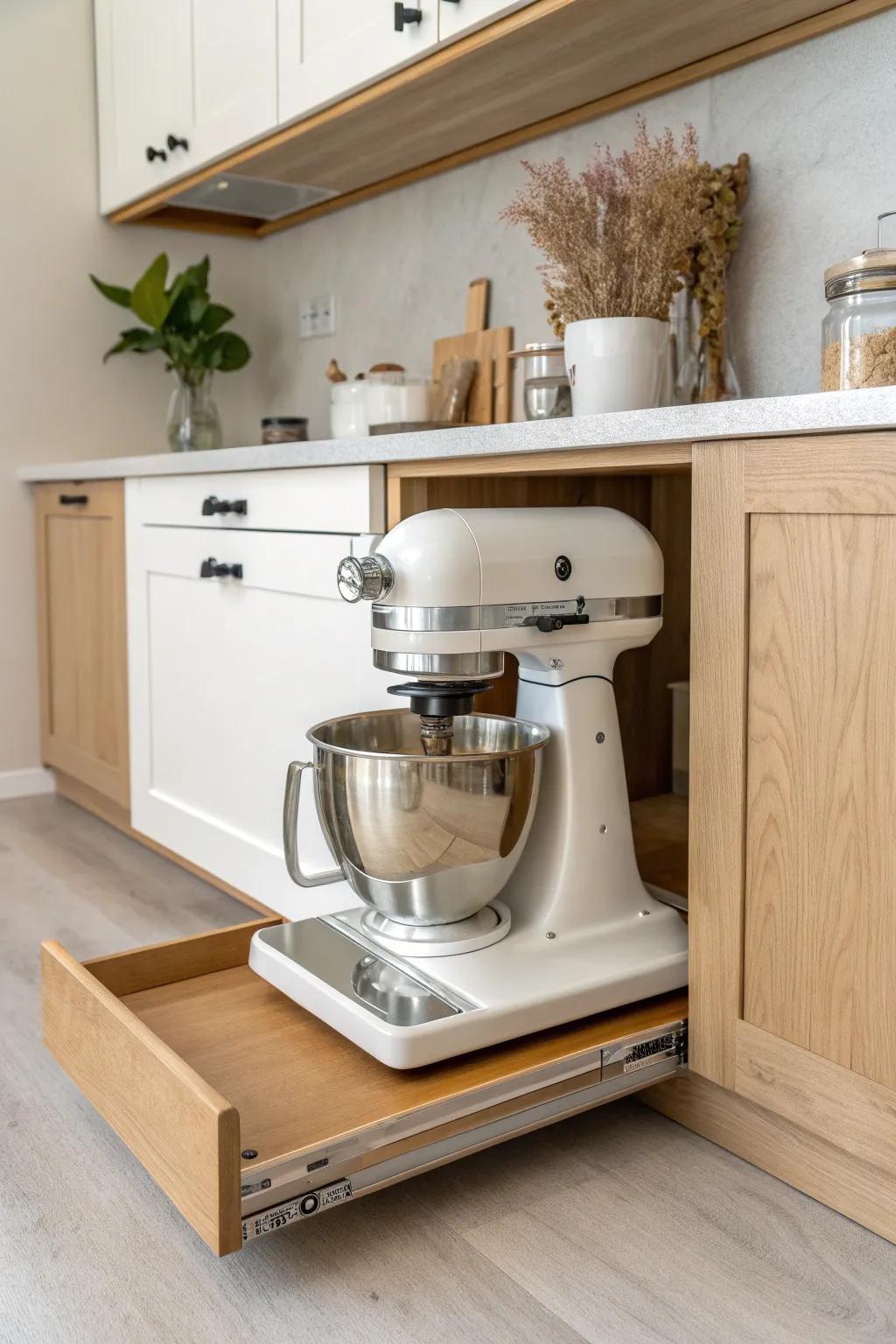 A pull-out “baking stage” shelf turns your stand mixer into a sleek, space-smart workstation.