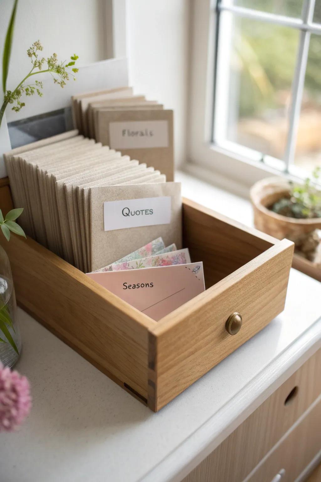 Turn stickers into a curated collection—labeled envelopes filed like records in a shop drawer.