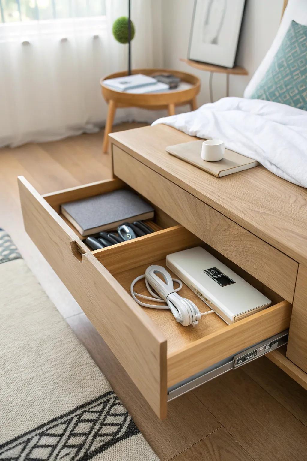 Secret toe-kick drawer: hidden storage under your dresser for flat essentials in tiny bedrooms.