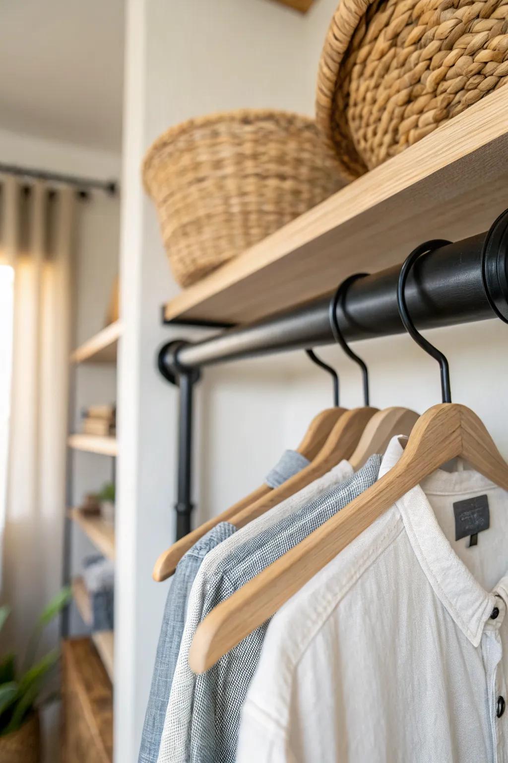 Turn that awkward closet corner into an L-shaped hanging zone—simple, sleek, space-saving.
