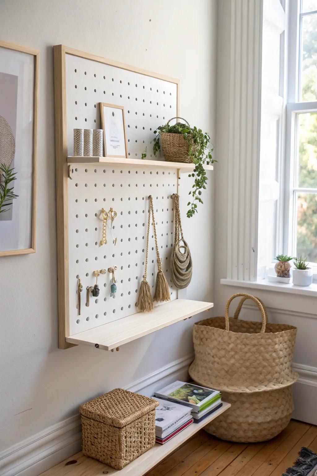 Pegboard-backed shelves keep cords and small tools tidy—clean, calm storage for small spaces.