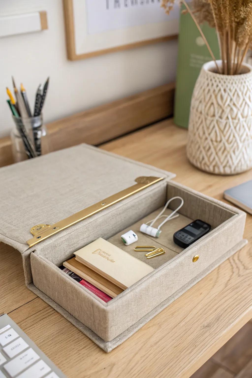 Tuck tiny desk essentials inside a hollow book box for a calm, clutter-free student workspace.