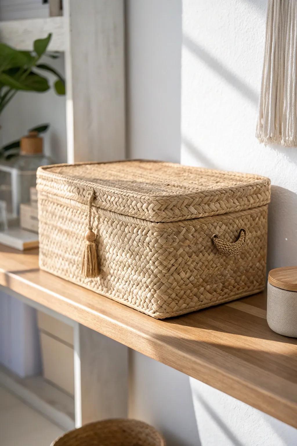 A faux cabinet moment: one lidded basket that hides cables and cleaners, yet looks like decor.