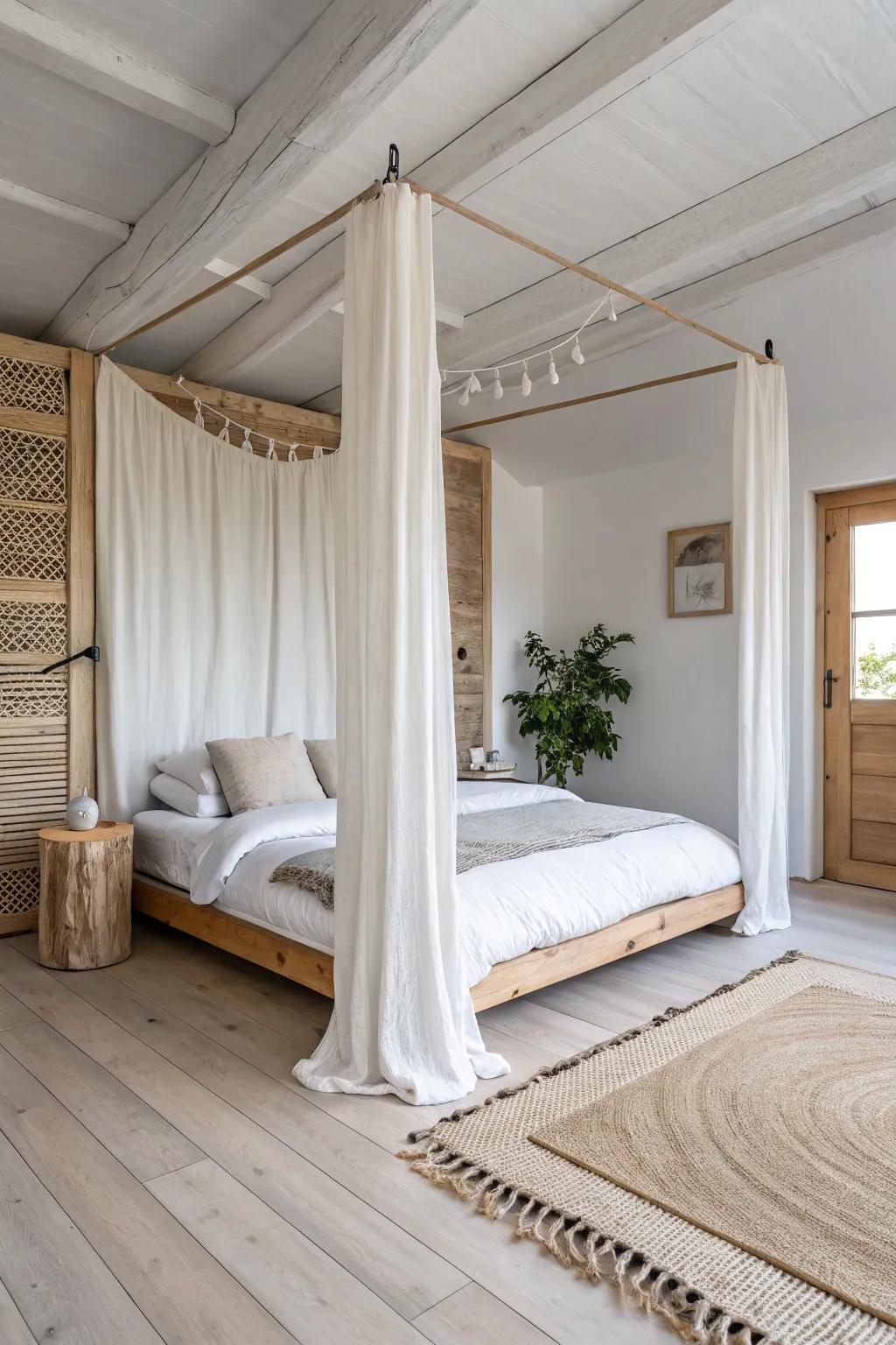Ceiling-hung linen panels frame a studio bed for privacy—renter-friendly and beautifully minimal.