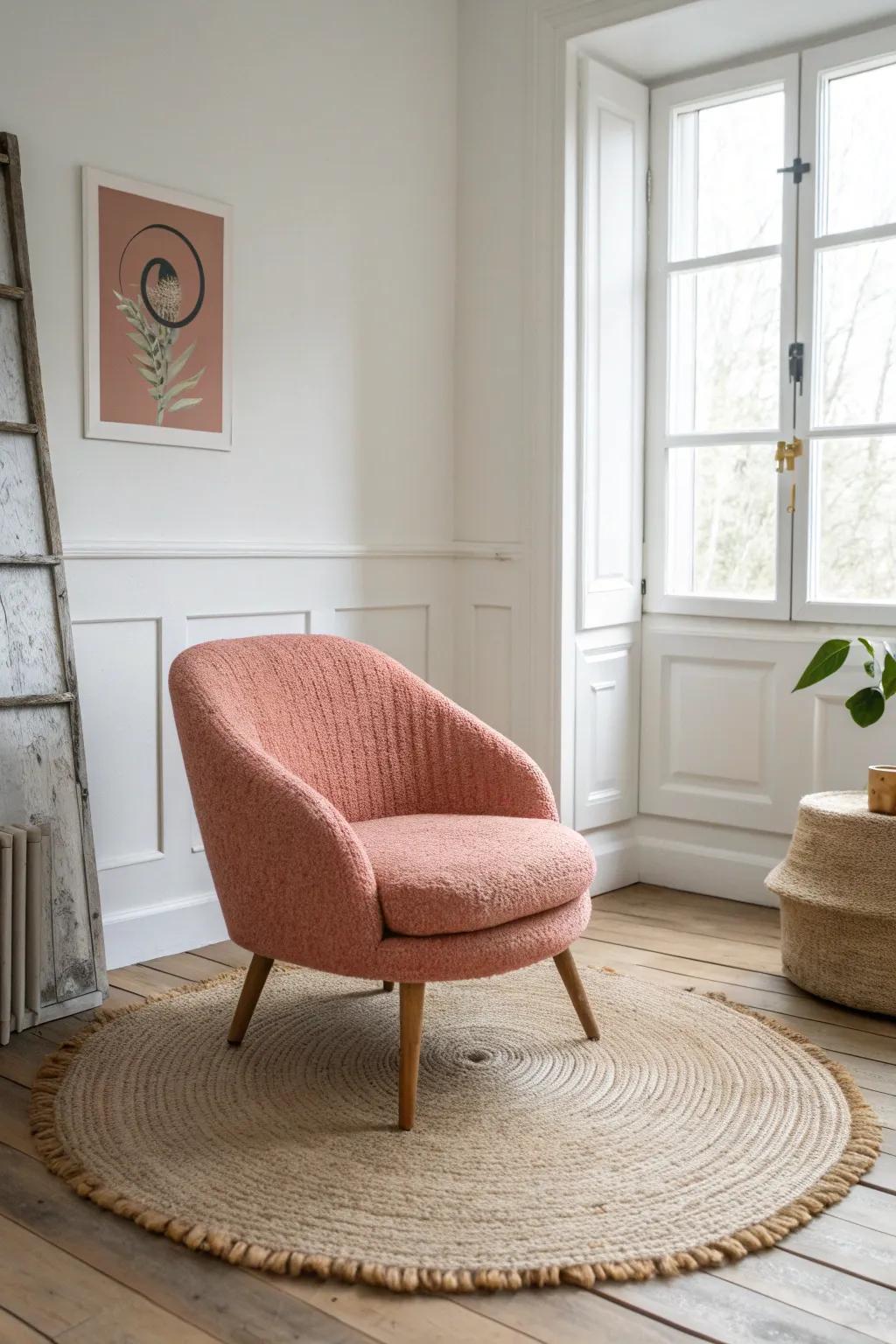 A single sculptural chair defines the zone—Scandi calm with a boho twist, no clutter.