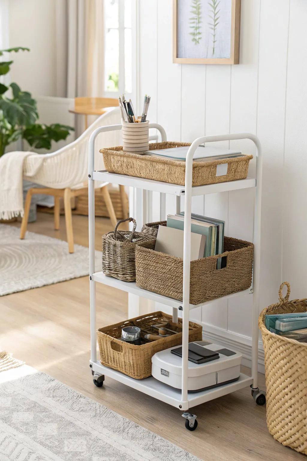 A chic rolling cart keeps living-room study essentials mobile—and tucks away in seconds.
