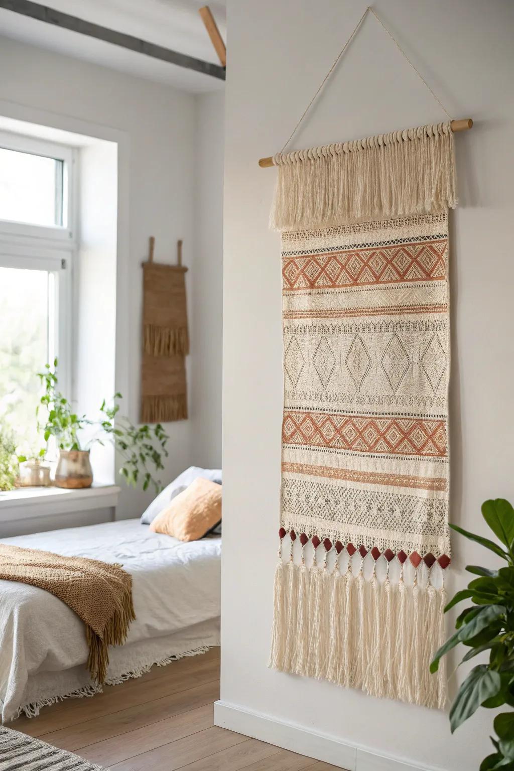 A woven tapestry divider adds instant privacy and a dreamy focal point in a small studio.