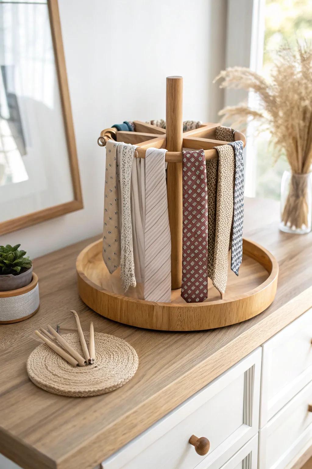 A rotating tie carousel turns your dresser into a tiny boutique—compact, chic, and visible.
