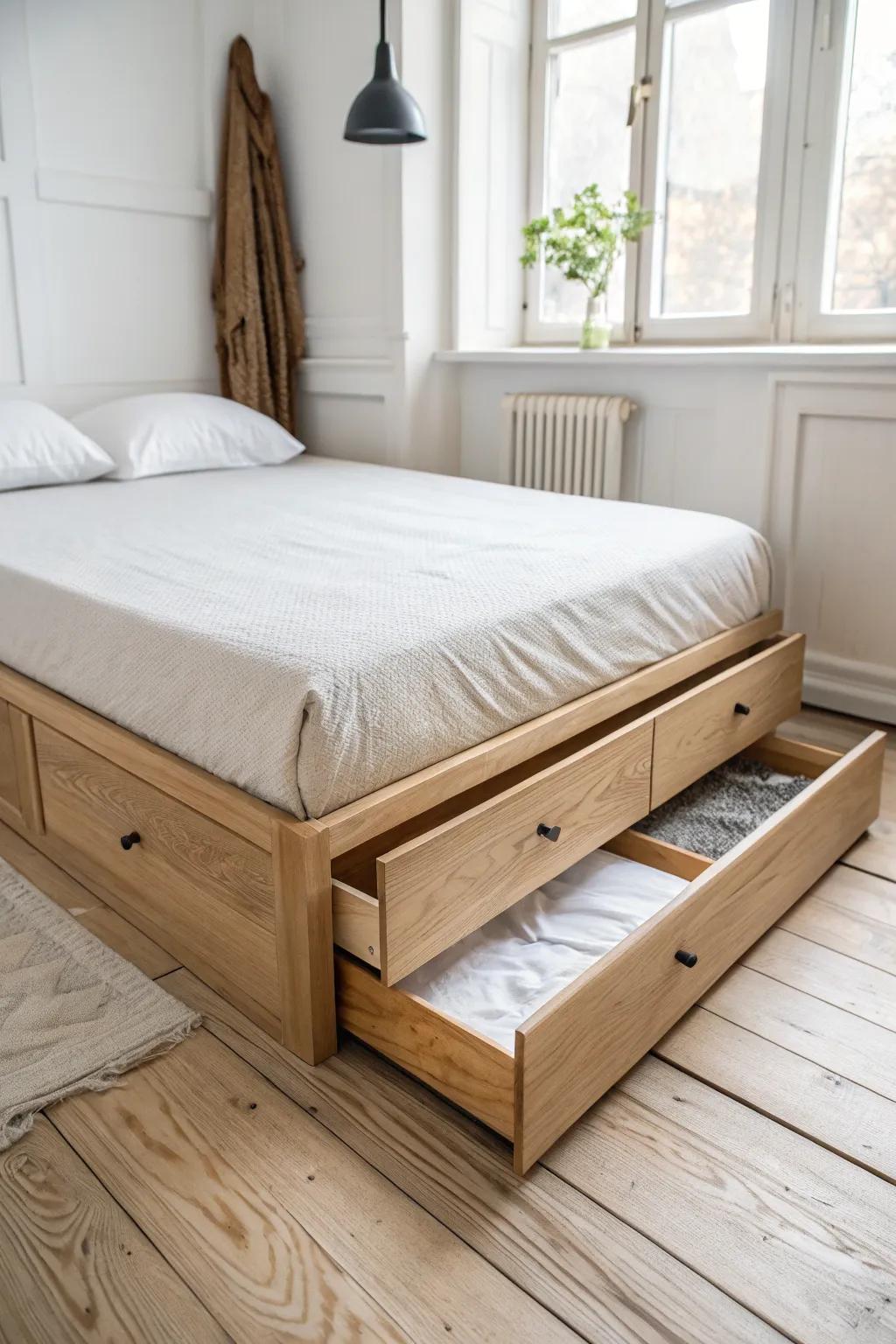 A floor mattress that disappears into a pull-out drawer base—perfect for flexible tiny living.
