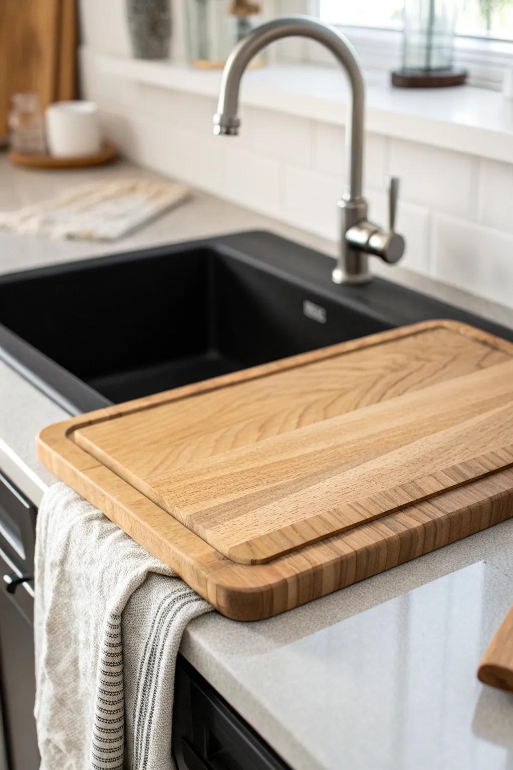 Sink-cover cutting board = instant bonus counter space—minimal, warm, perfect for tiny kitchens.