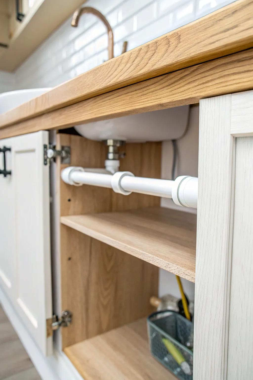 A simple tension rod turns a cramped under-sink spot into instant, budget-friendly storage.