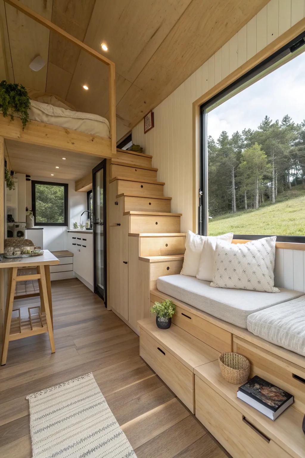 Terraced built-in platform: sofa, bed, storage + table in one sculptural tiny-house solution.
