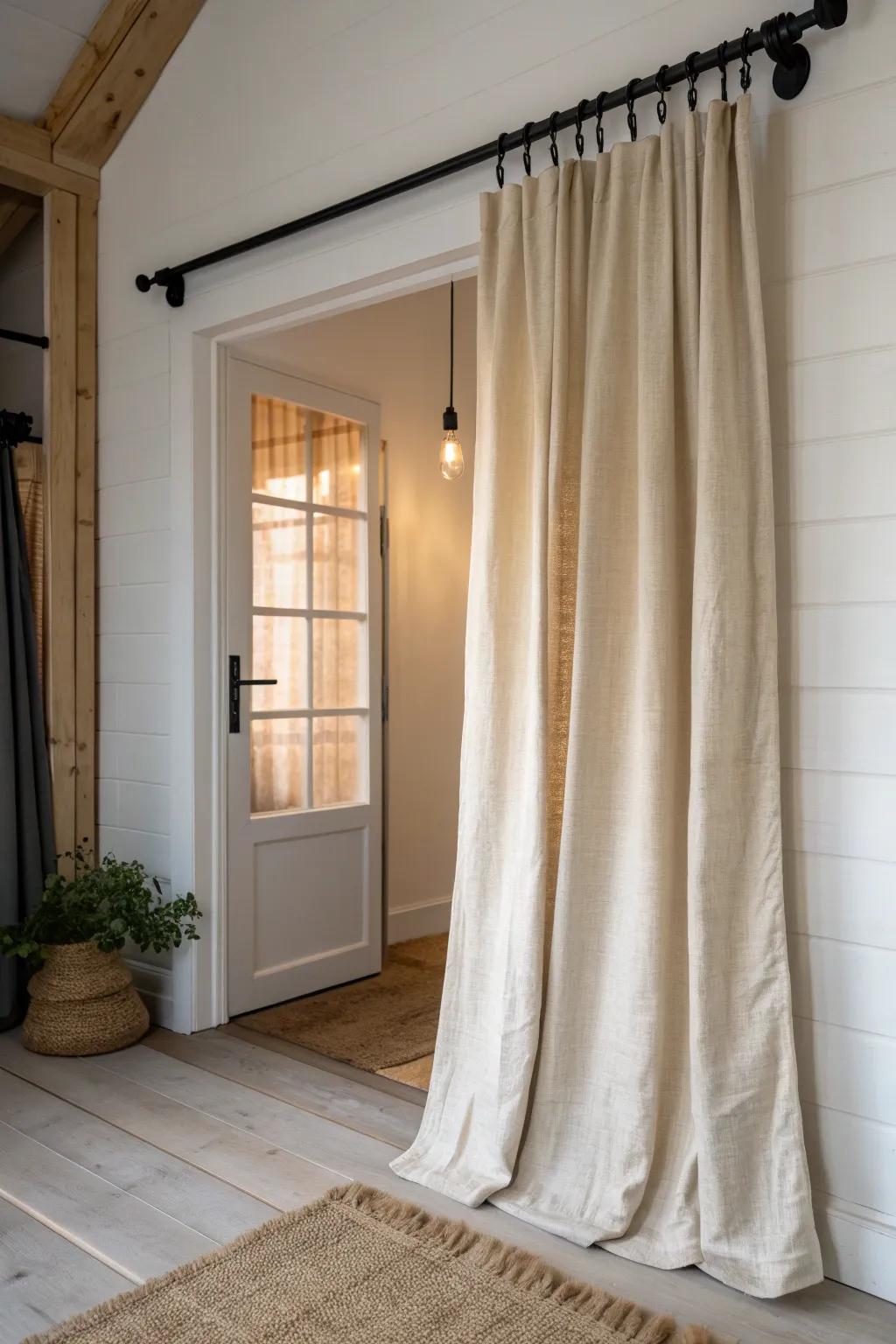 Swap a bulky door for a linen curtain—instant space saved and a softer, cozier tiny room.