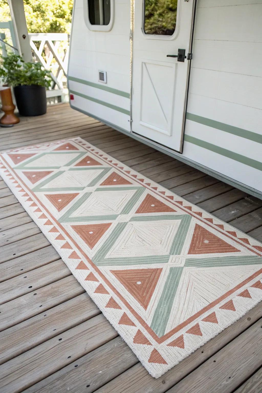 Paint a patterned porch floor to create a no-slip “rug” look that feels custom and photo-ready.