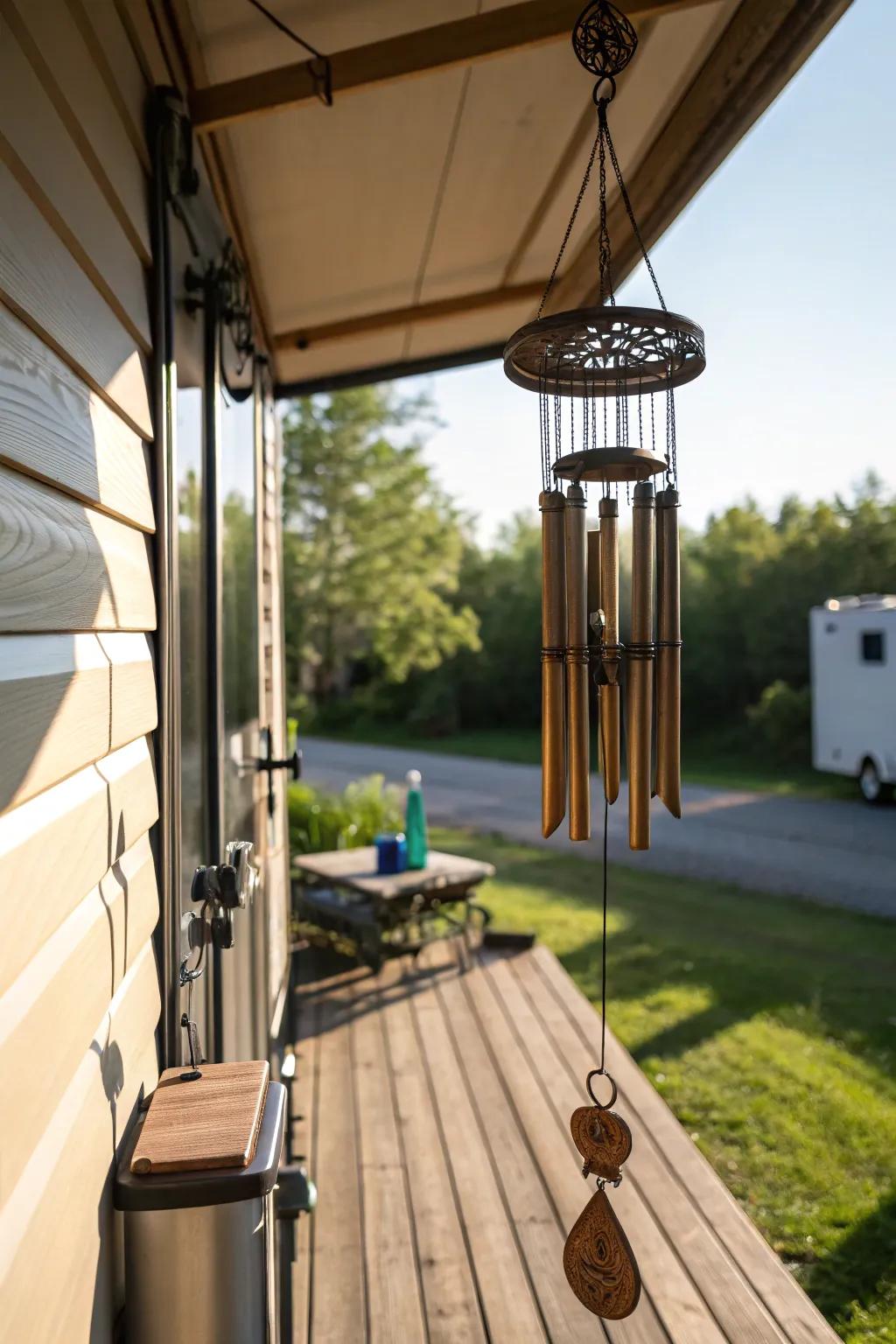 Craftsmanship in Harmony: Let the soothing melodies of this handcrafted wind chime enhance your camper porch tranquility.