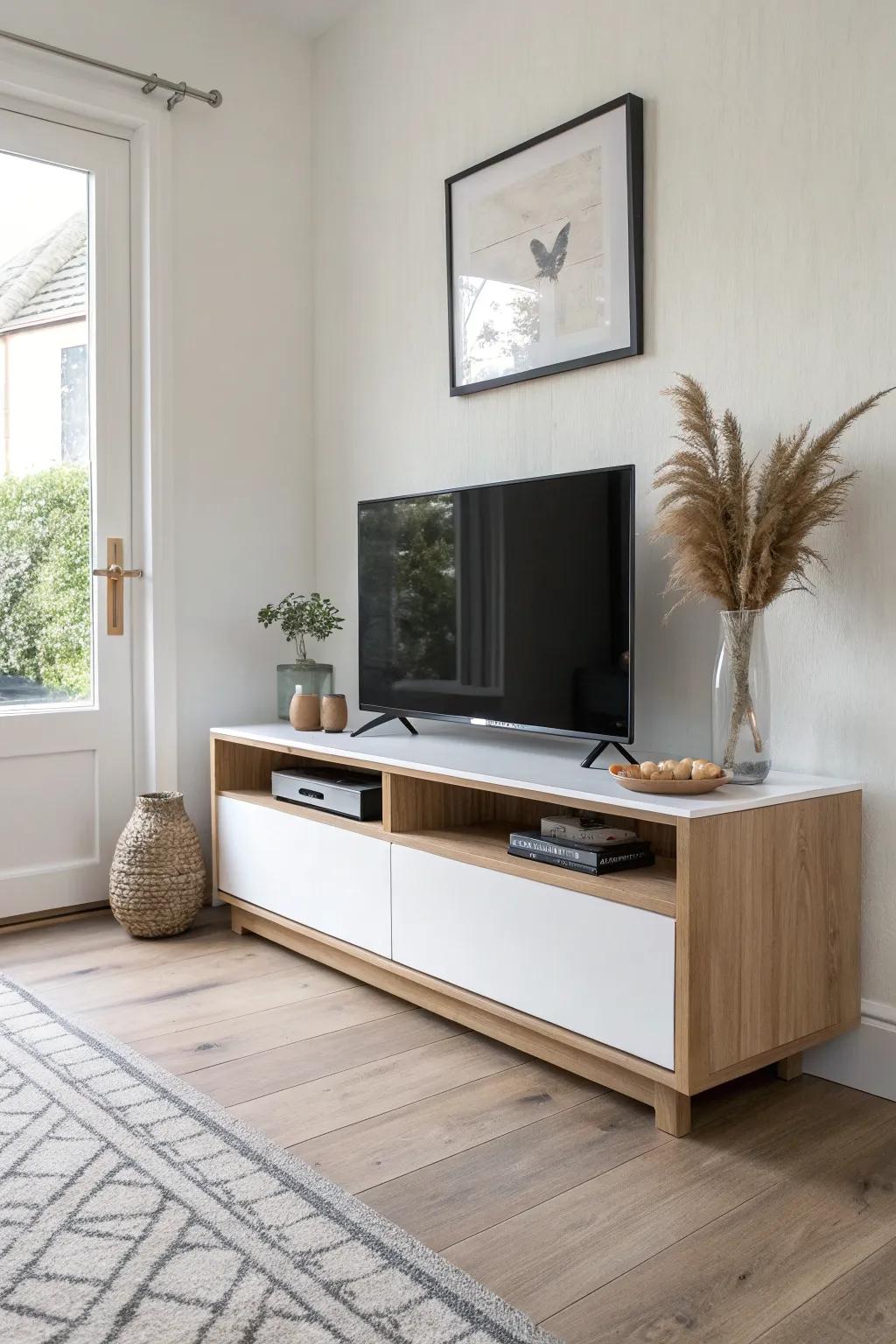 Recess the base for a sleek floating TV stand look—modern, airy, and small-space friendly.