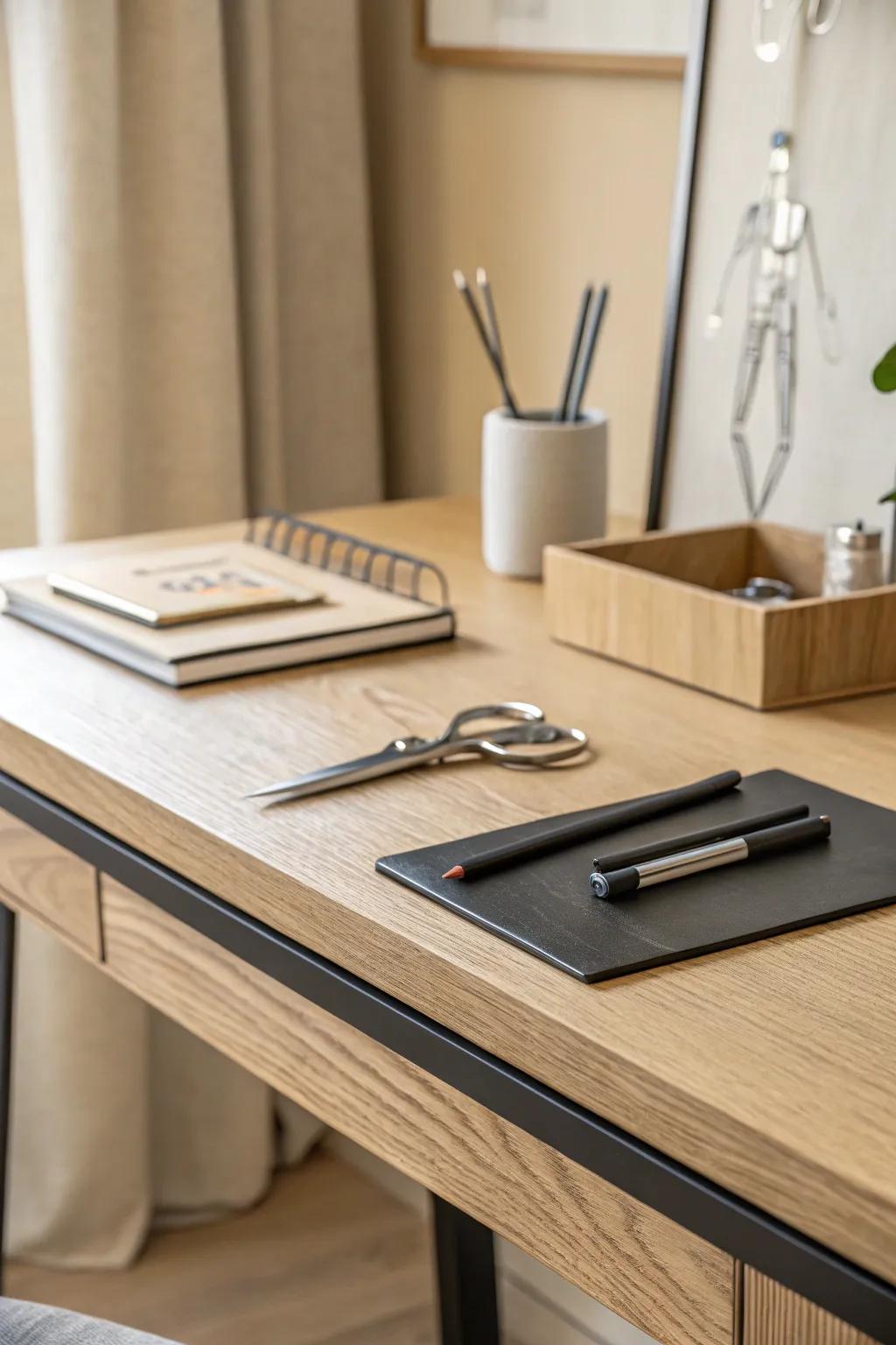 A hidden magnetic strip under the desk keeps metal tools tidy—zero clutter, calm workspace.