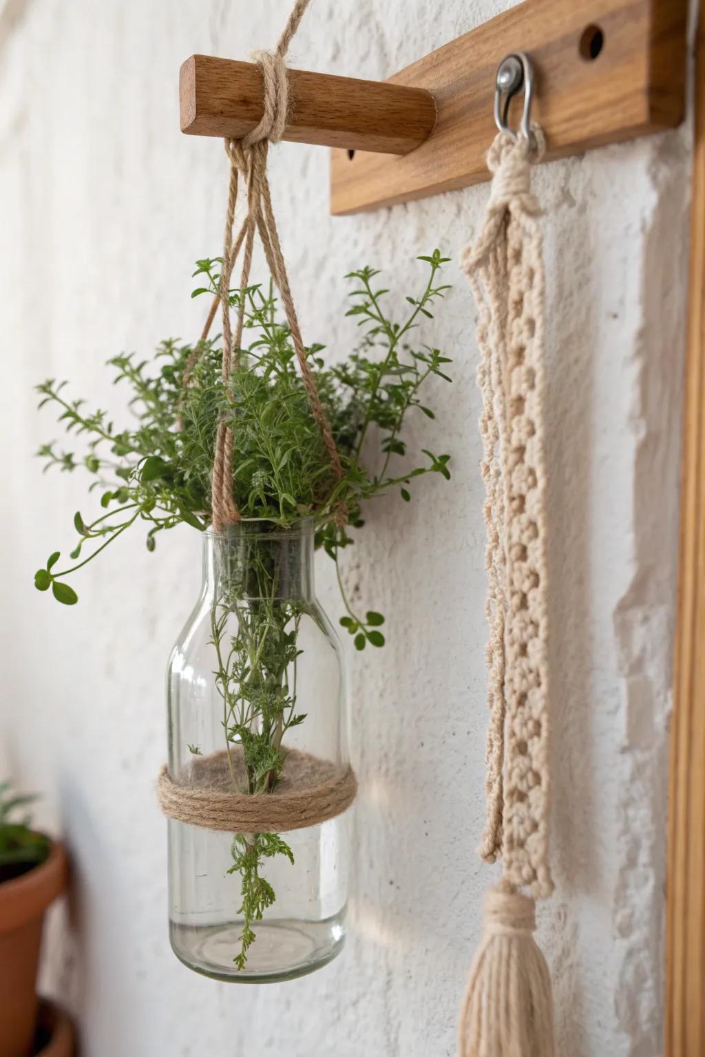 Upcycled bottle drip wall planter: a chic, budget-friendly way to water herbs in small spaces.