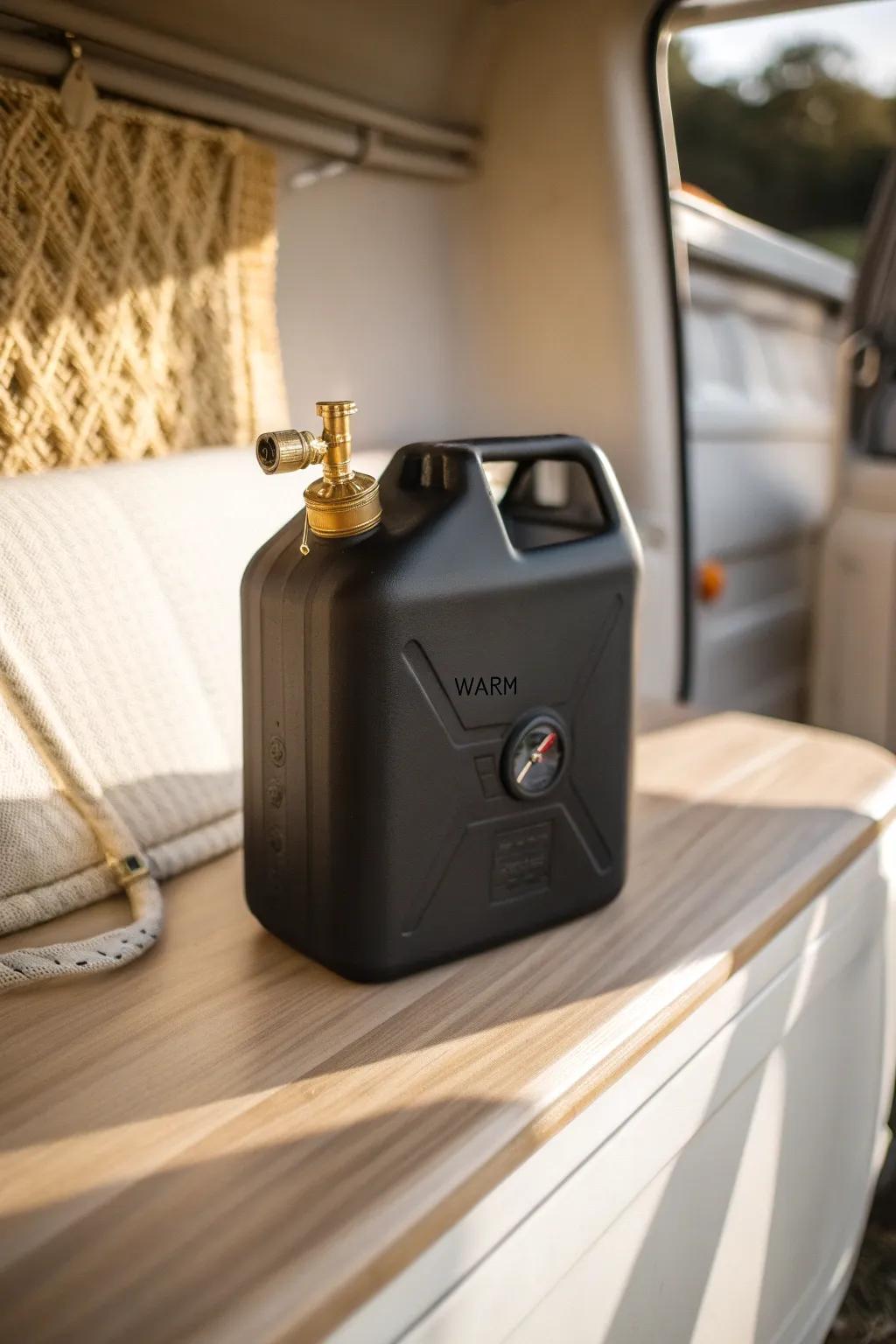 Warm-drive hack: engine-heated water can for a cozy van shower—no power needed after miles.