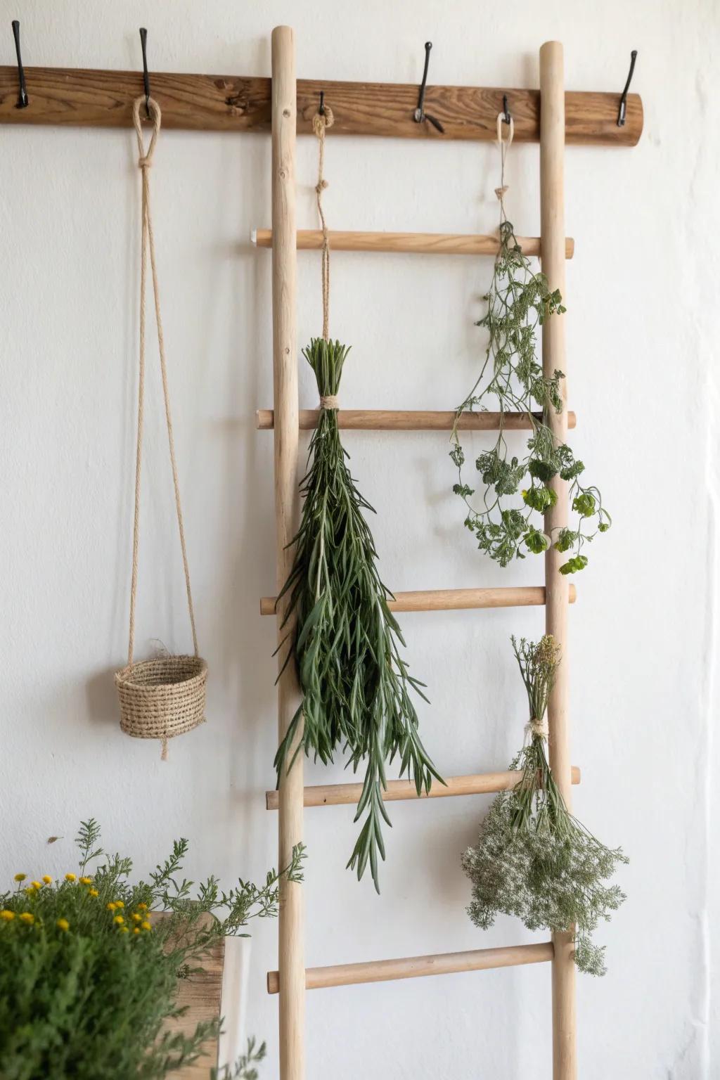 A slim herb drying ladder turns blank kitchen wall space into cozy vertical greenery.