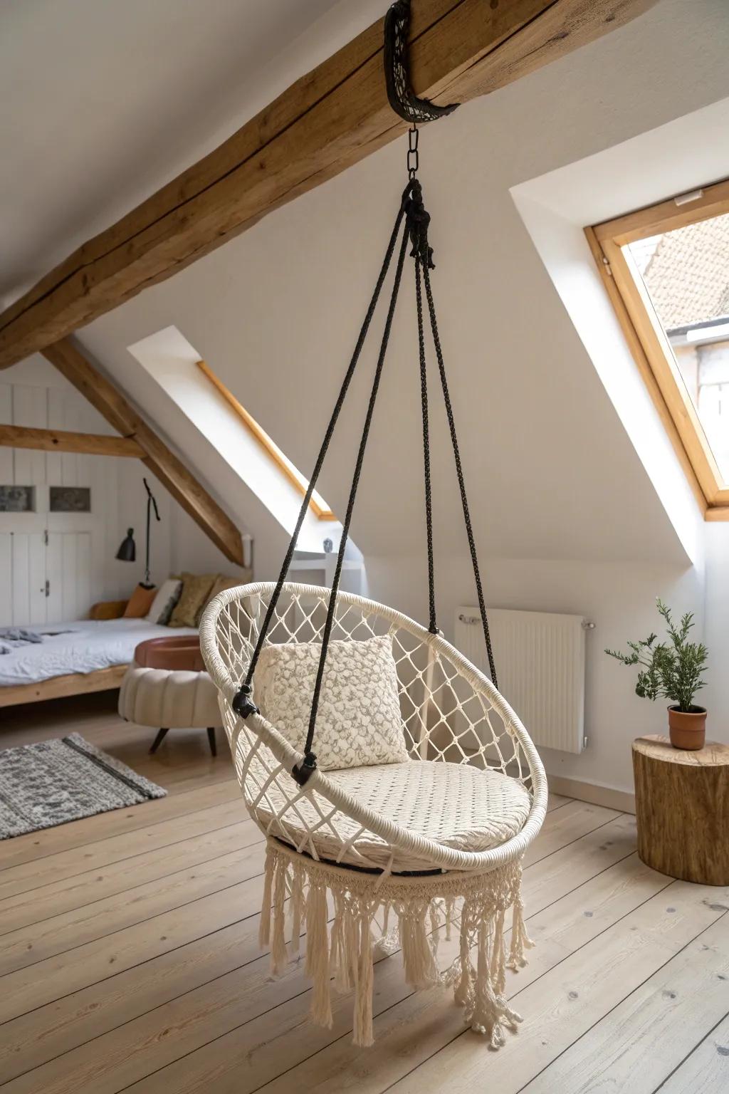 A cozy hammock chair turns a tiny attic corner into a minimalist, boho reading retreat.