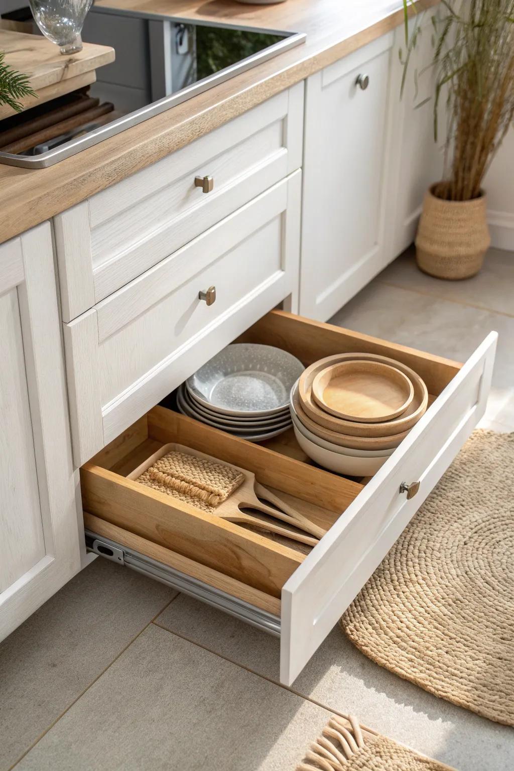 Hidden toe-kick drawer: a budget-friendly way to store baking sheets in tiny kitchens.