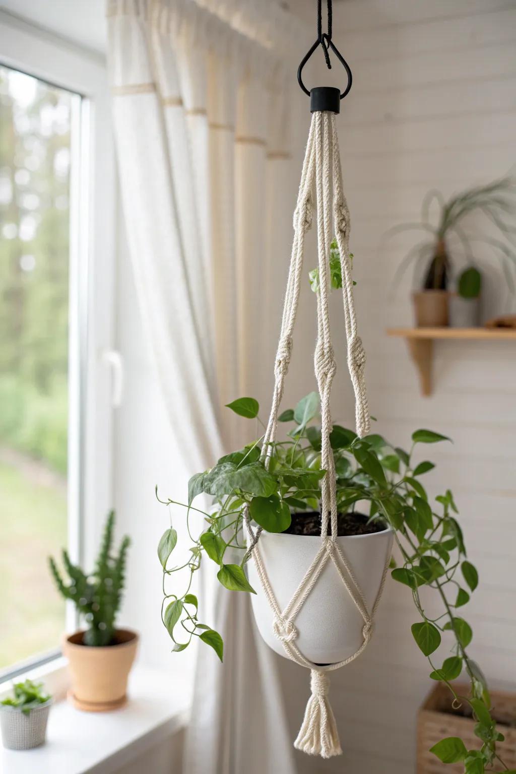 Hang a trailing plant to add cozy life and privacy—without giving up any precious surfaces.
