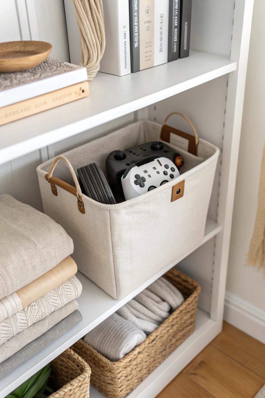 Closet “game library” in minutes: a tension rod + linen bin keeps games, cables, and controllers neat.