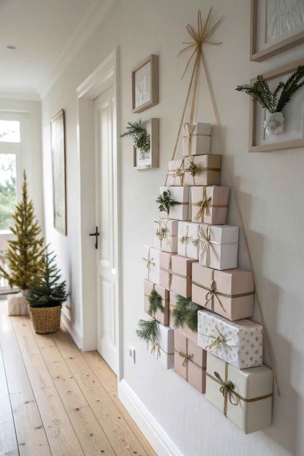 A minimalist wall Christmas tree made from gift boxes—perfect for small-space hallways.