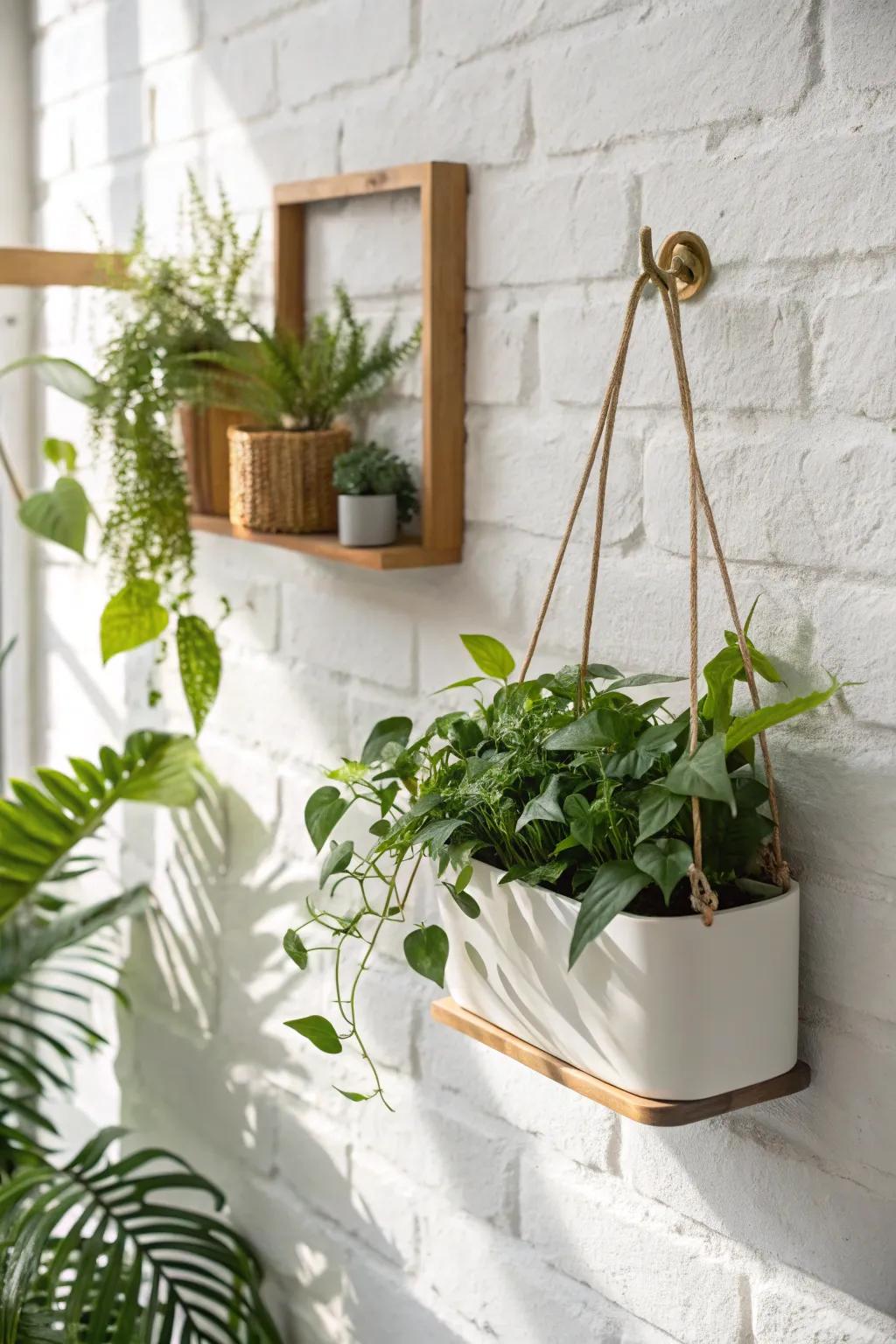 A chic wick-fed wall planter with a hidden reservoir—lush greenery, minimal watering.